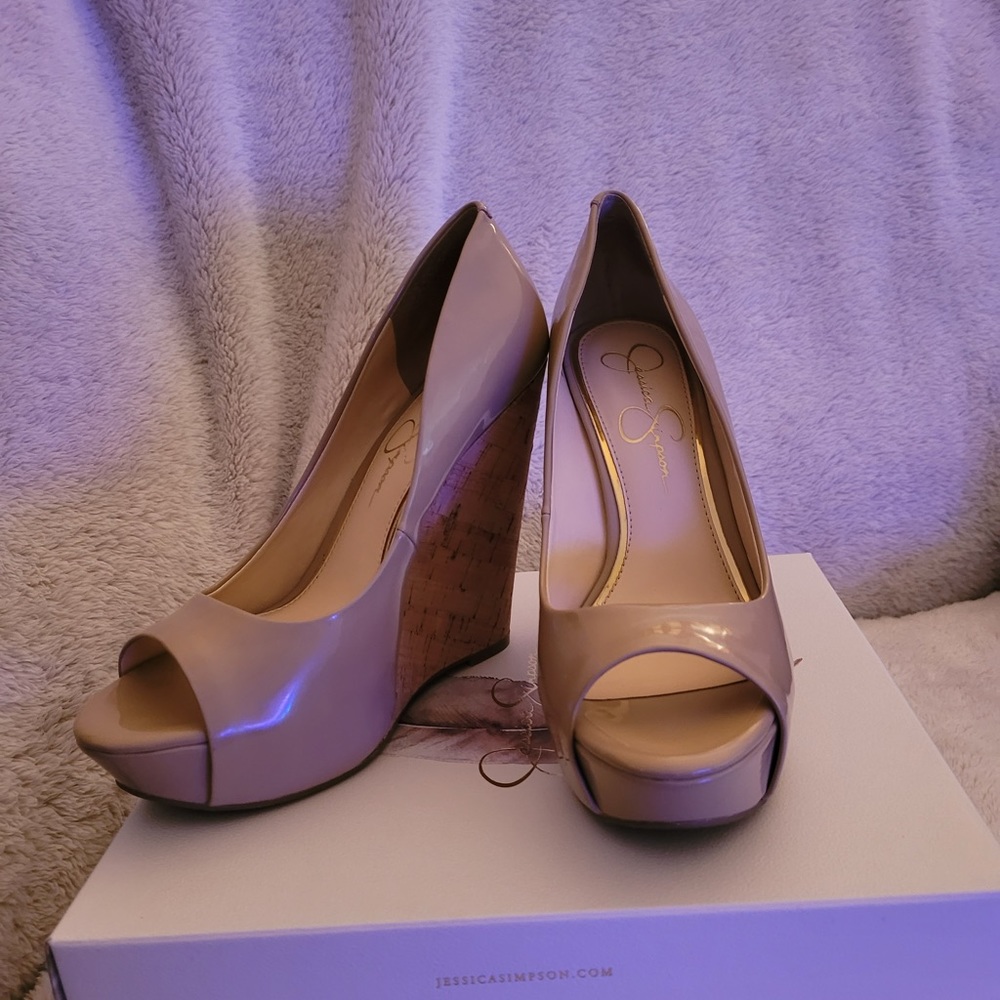 Jessica Simpson peep toe platform cork wedge heel.  Size 8